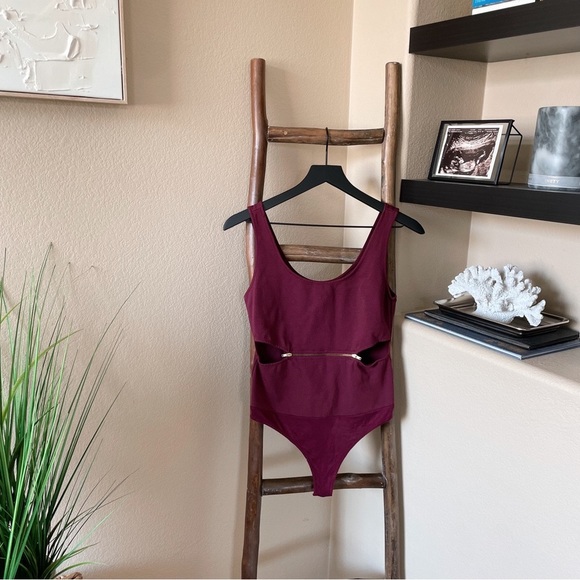 Maroon Cut Out Thong Bodysuit - Picture 1 of 4